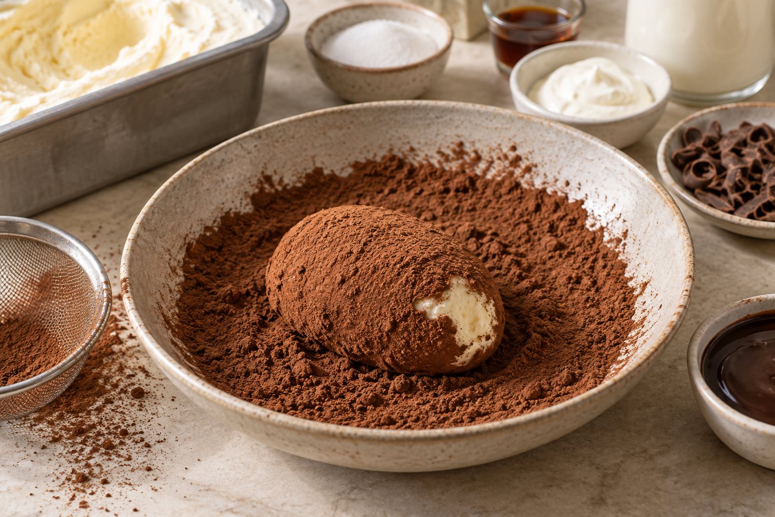 A frozen oval of vanilla ice cream partly coated in sifted cocoa.