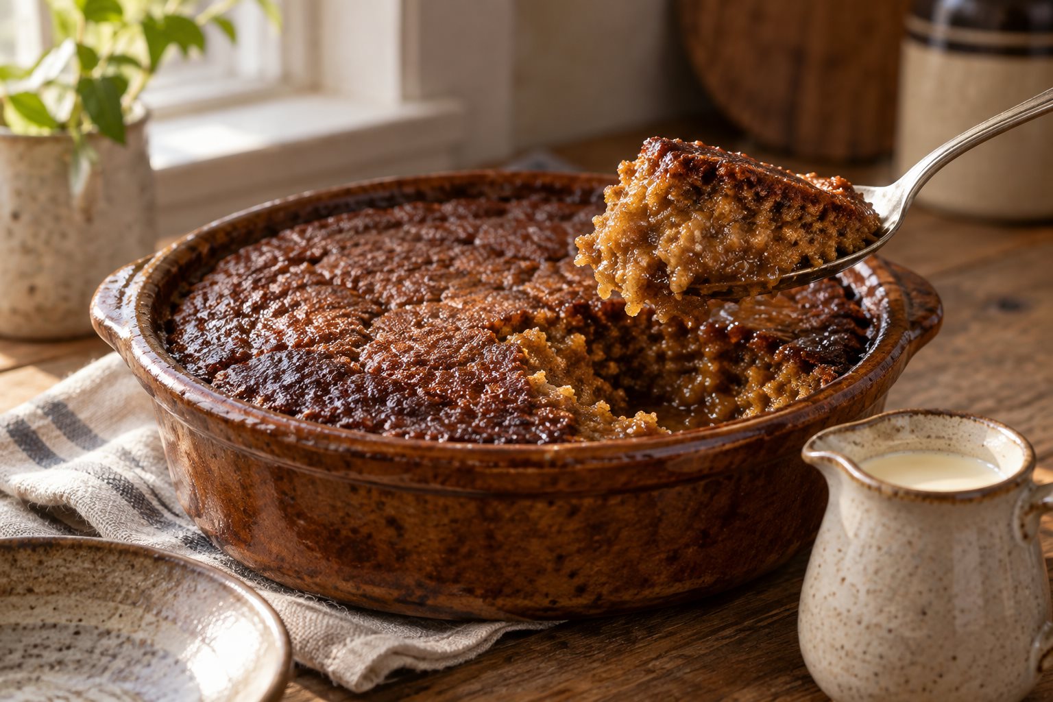 A deep brown baked pudding in a buttered earthenware dish, a spoonful lifted out to show its soft set, with a jug of cold cream beside it