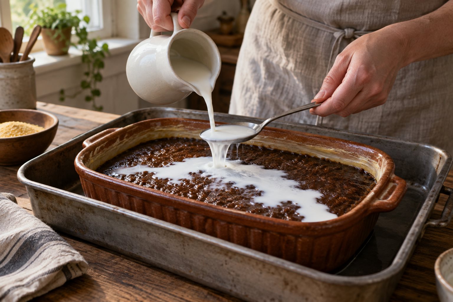 Cold milk poured over a spoon onto dark pudding mixture