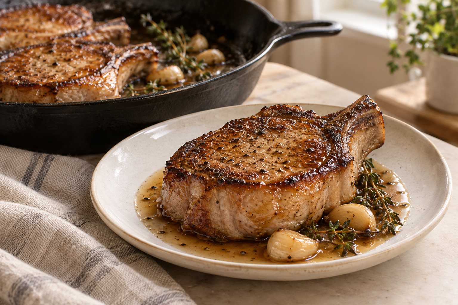 A thick browned bone-in pork loin chop with garlic cloves, thyme and glossy pan sauce.