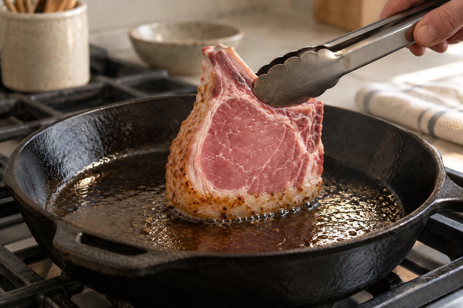 Tongs holding a thick pork chop upright on its browned fat edge in a skillet.