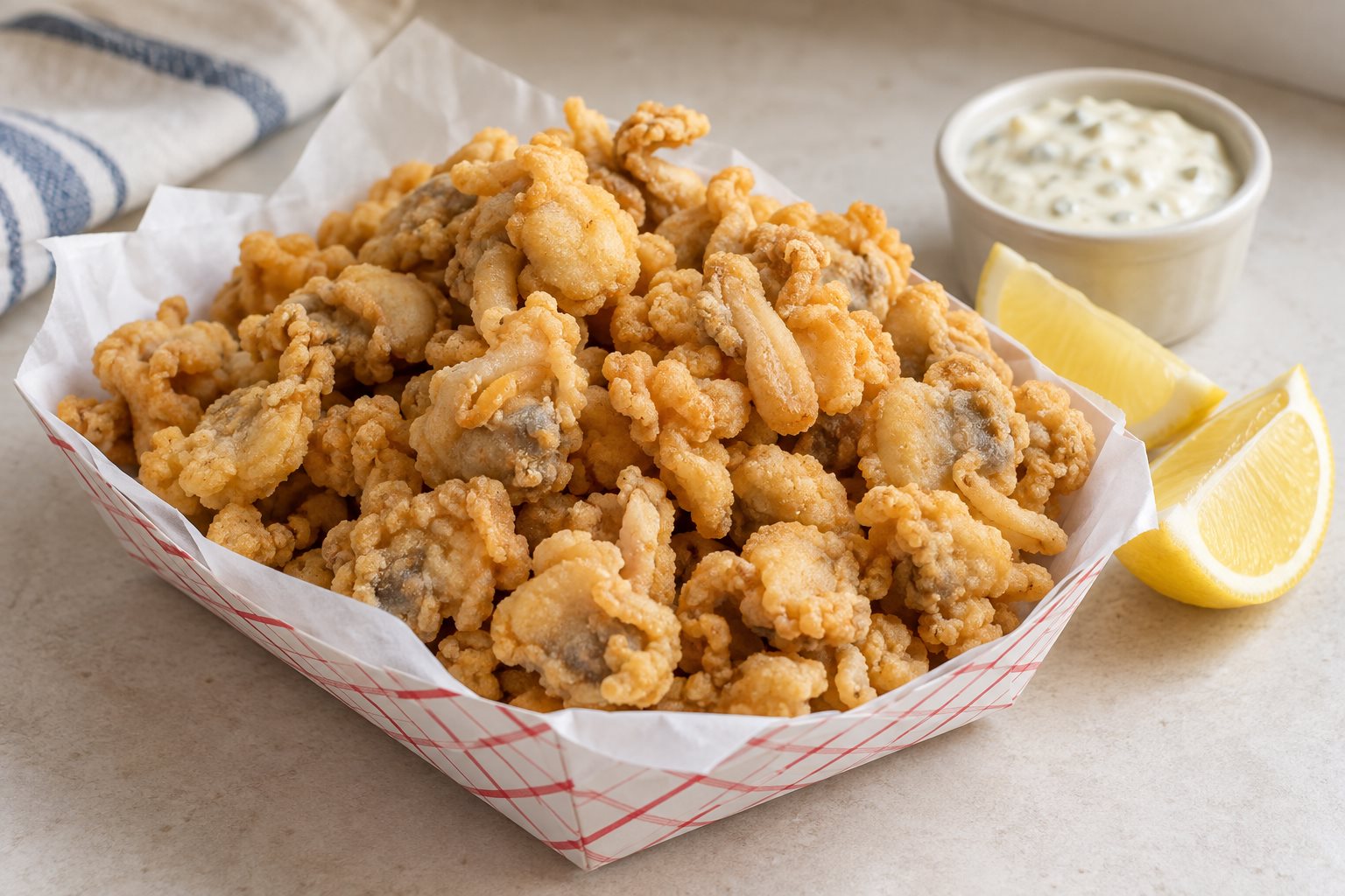 A paper tray heaped with whole fried clams, pale gold and irregular, bellies and necks plainly visible, lemon wedges and a cup of tartar sauce beside it