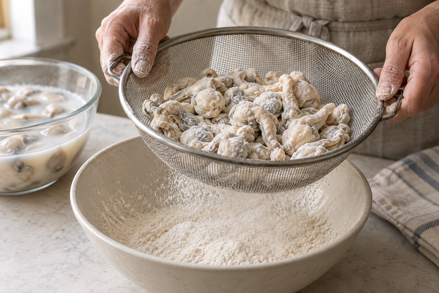 Flour-coated whole clams in a sieve with loose flour falling into a bowl
