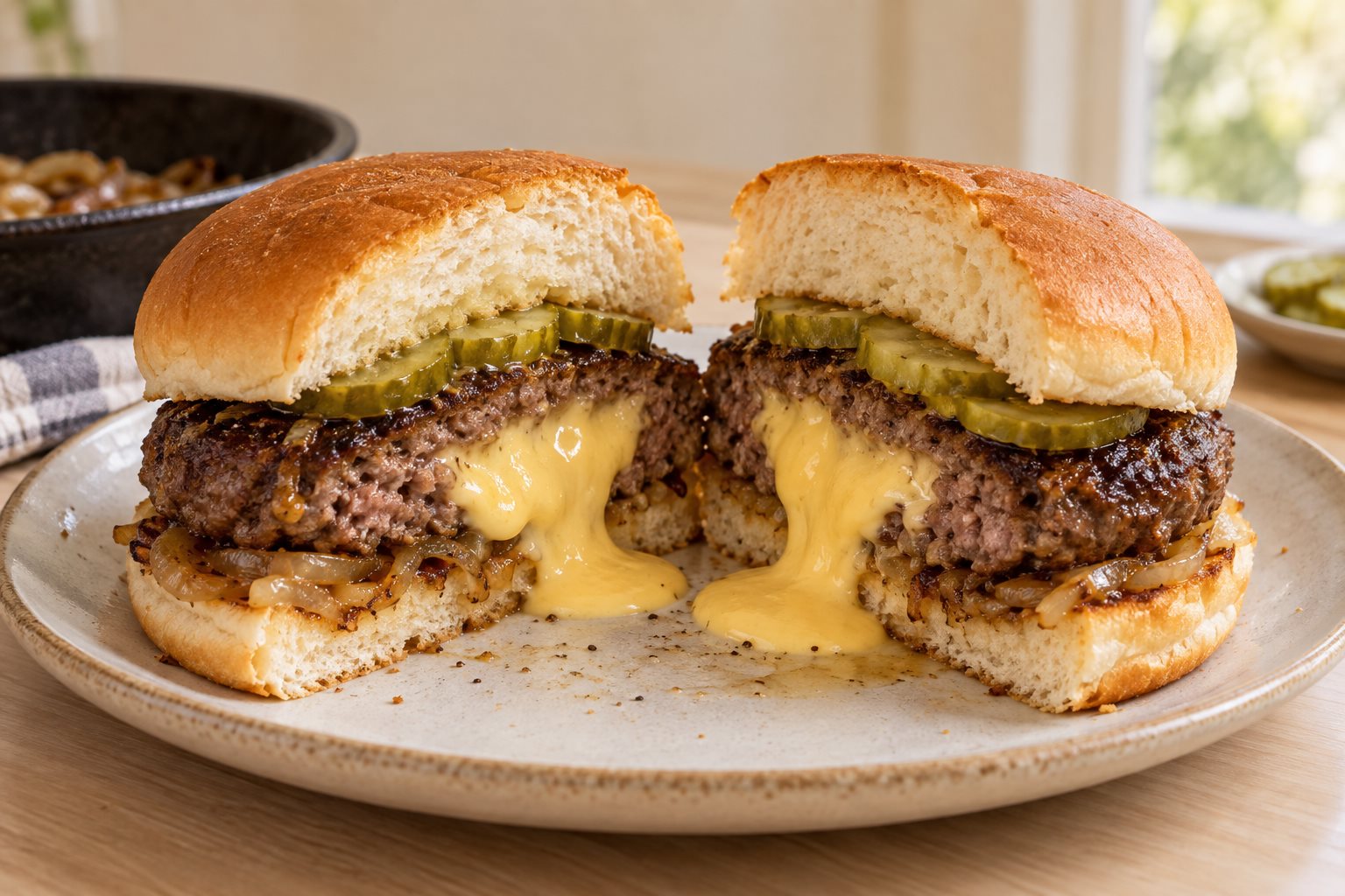 A griddled burger on a soft bun, cut in half, with molten pale yellow cheese running from the centre of the patty onto the plate