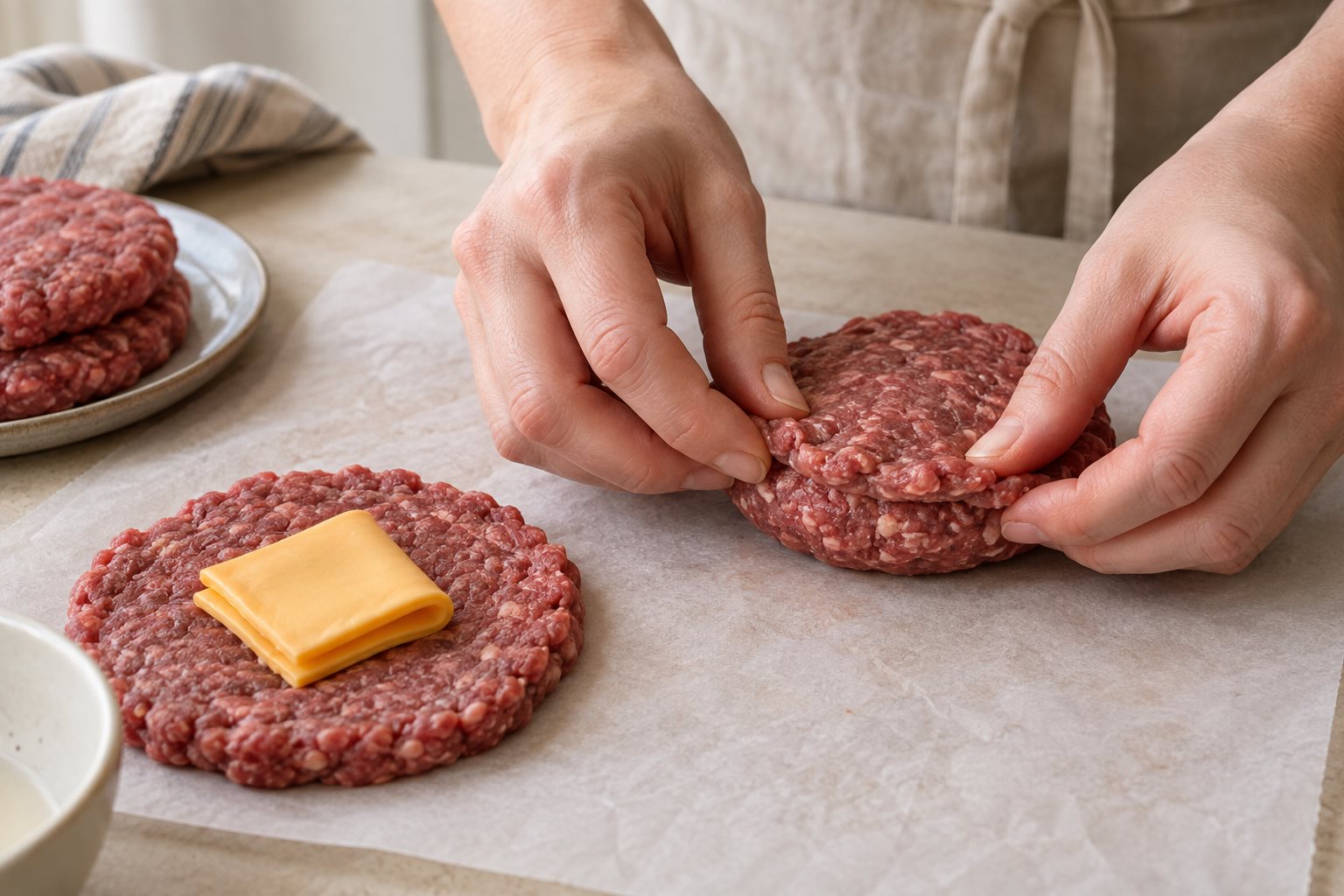 Hands sealing two beef rounds around a folded slice of American cheese