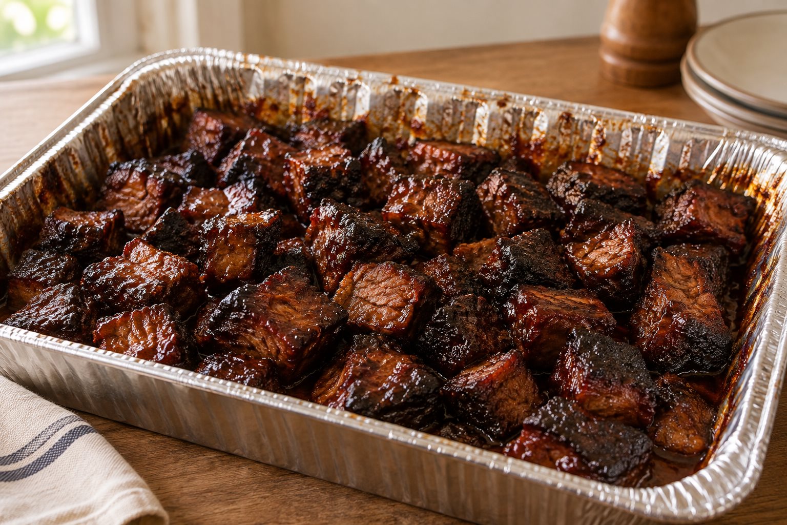 A foil pan of dark cubed beef glazed with sauce, the corners of each cube blackened and crisp