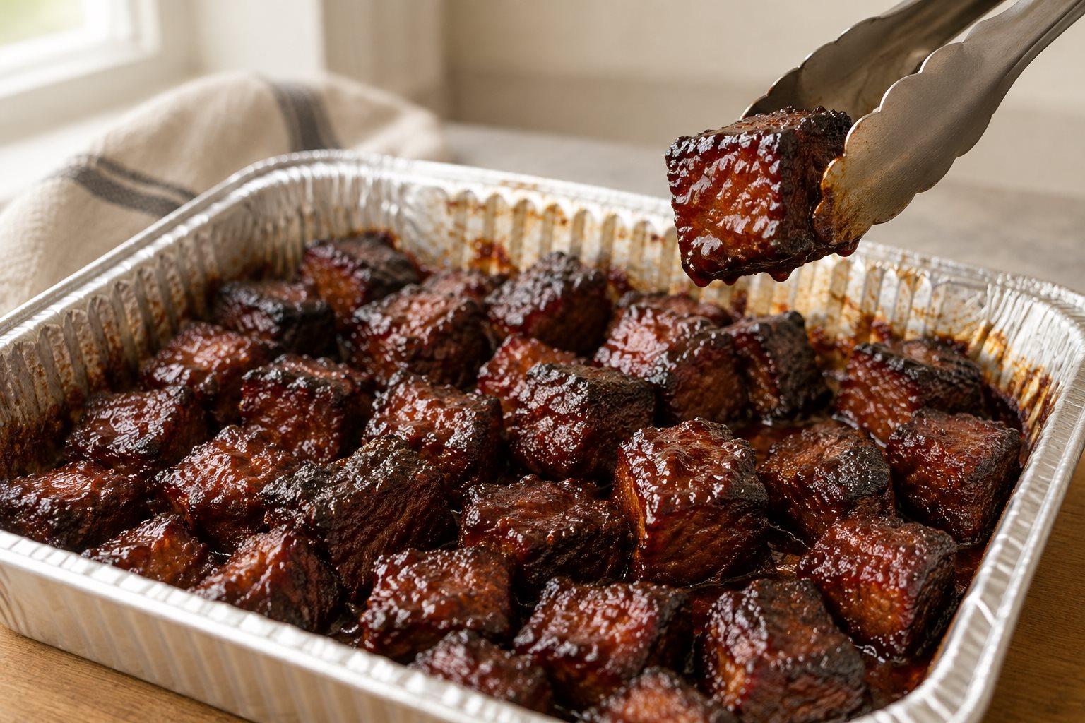 Tongs lifting a glazed brisket cube with dark corners above a foil pan