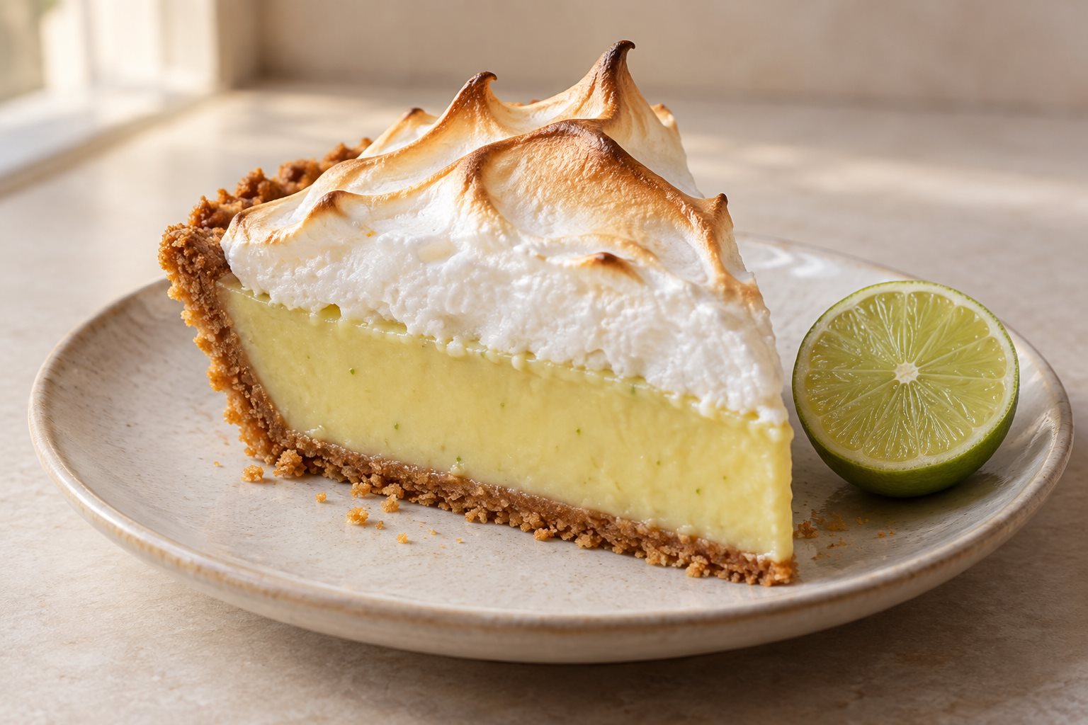 A wedge of pale yellow-green lime pie in a graham crust, topped with peaked browned meringue, on a plate with a lime half beside it