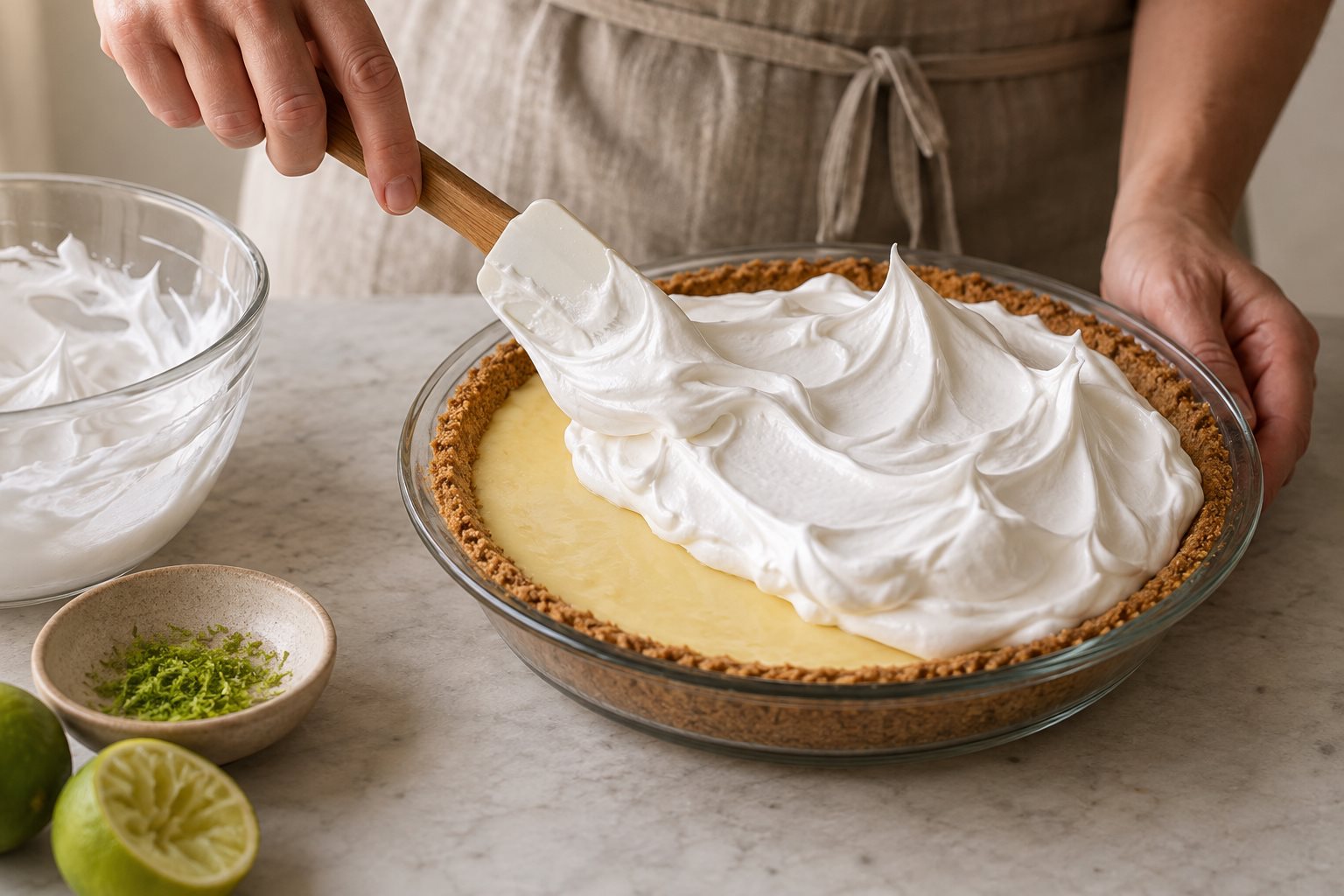 White meringue being spread toward the edge of pale lime filling in a graham cracker crust.
