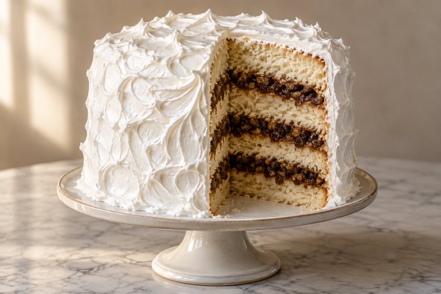 A tall four-layer white cake cut to show three dark stripes of raisin filling between pale layers, under a soft white boiled icing, on a footed stand