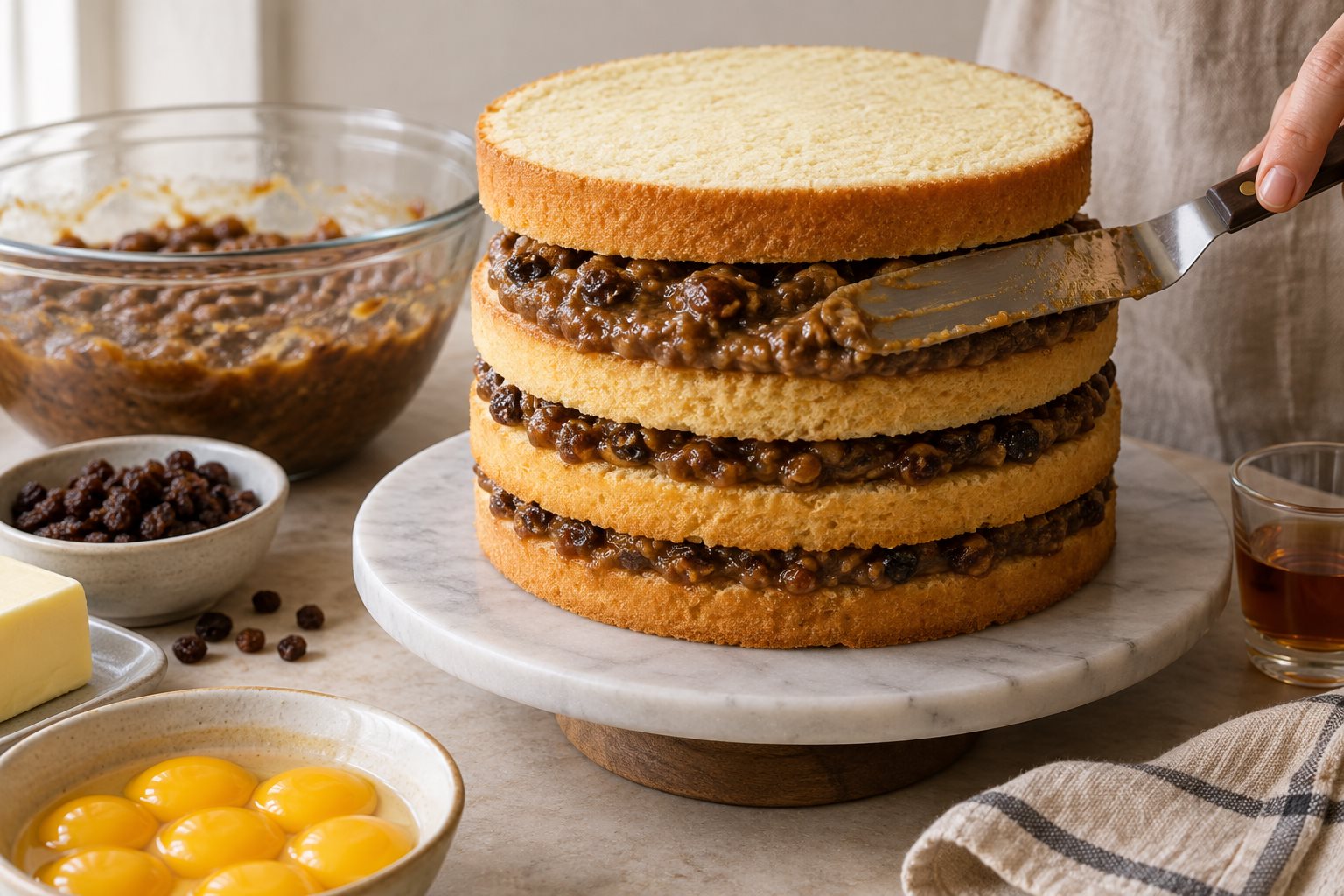 Four pale cake layers with dark raisin custard between them, an offset spatula smoothing the filling and the top still bare before icing.