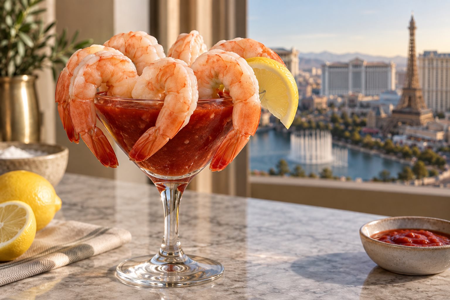 A tall stemmed glass packed with pink poached shrimp hooked over the rim, red sauce beneath them and a lemon wedge on the side