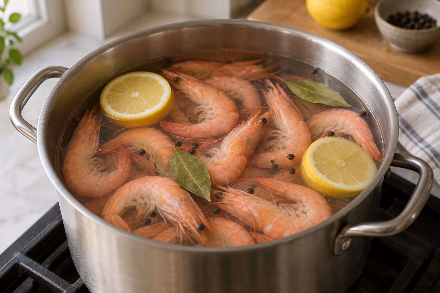 Pink shrimp gently poaching in still water with lemon and bay