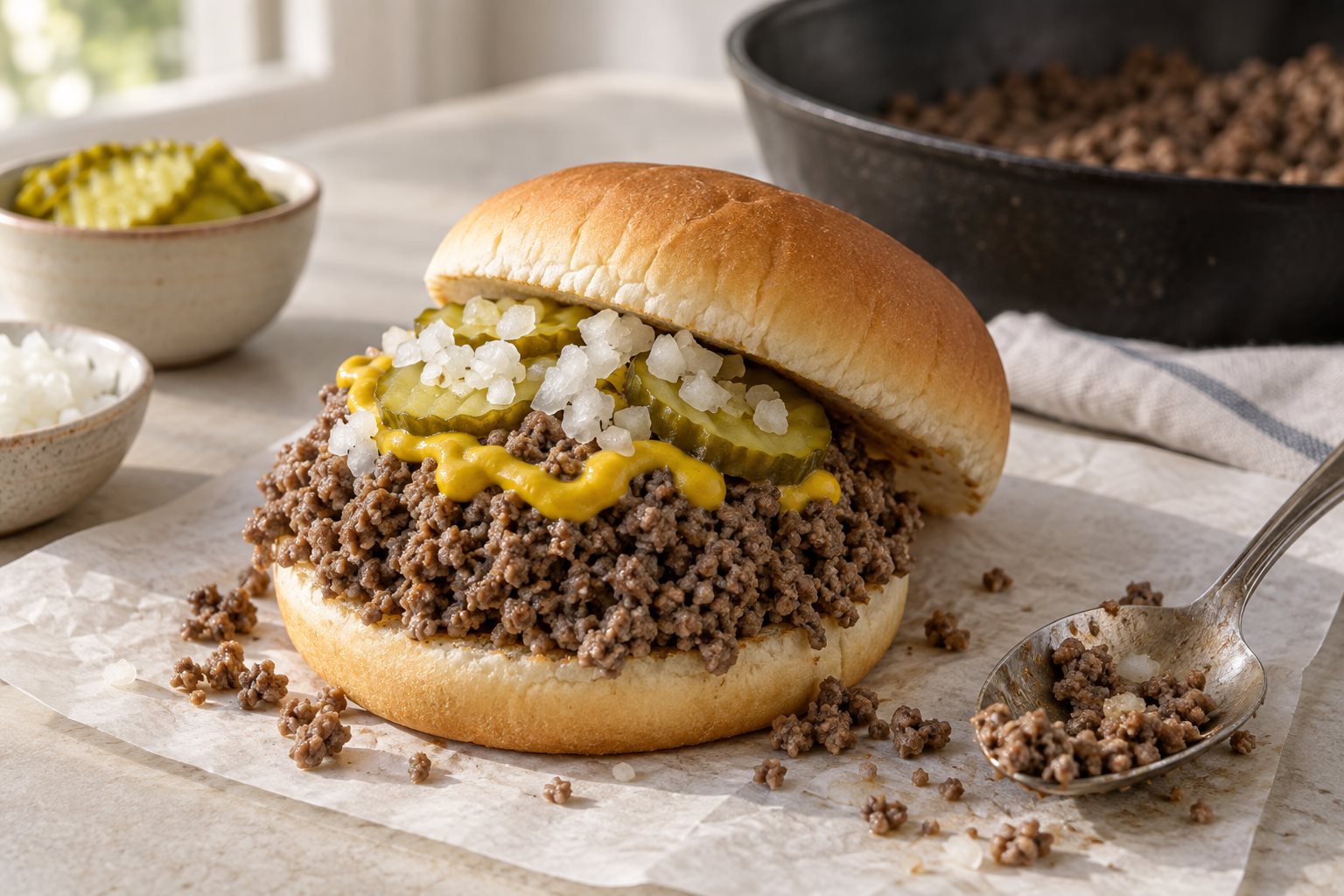 A soft bun piled with loose crumbled beef, mustard, pickle slices and chopped onion.
