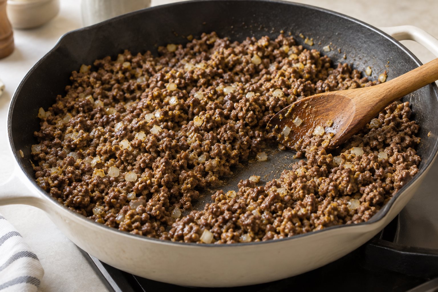 A wooden spoon leaving a shallow track through fine cooked beef and onion with no pooled liquid.