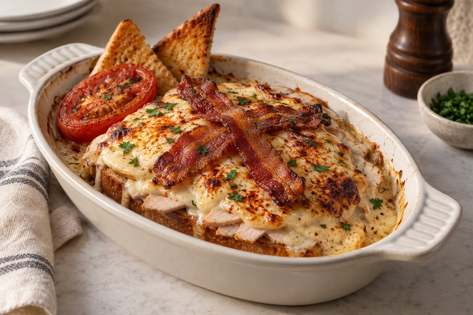 Turkey on toast under browned Mornay sauce, with crossed bacon strips, tomato and toast points in a gratin dish.