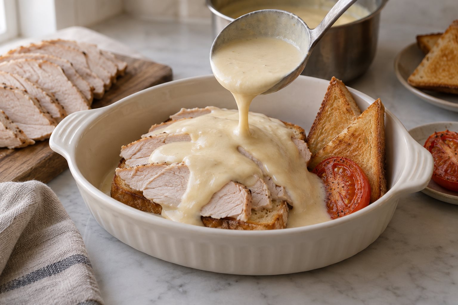 Pale Mornay sauce being ladled over sliced turkey on toast before broiling.