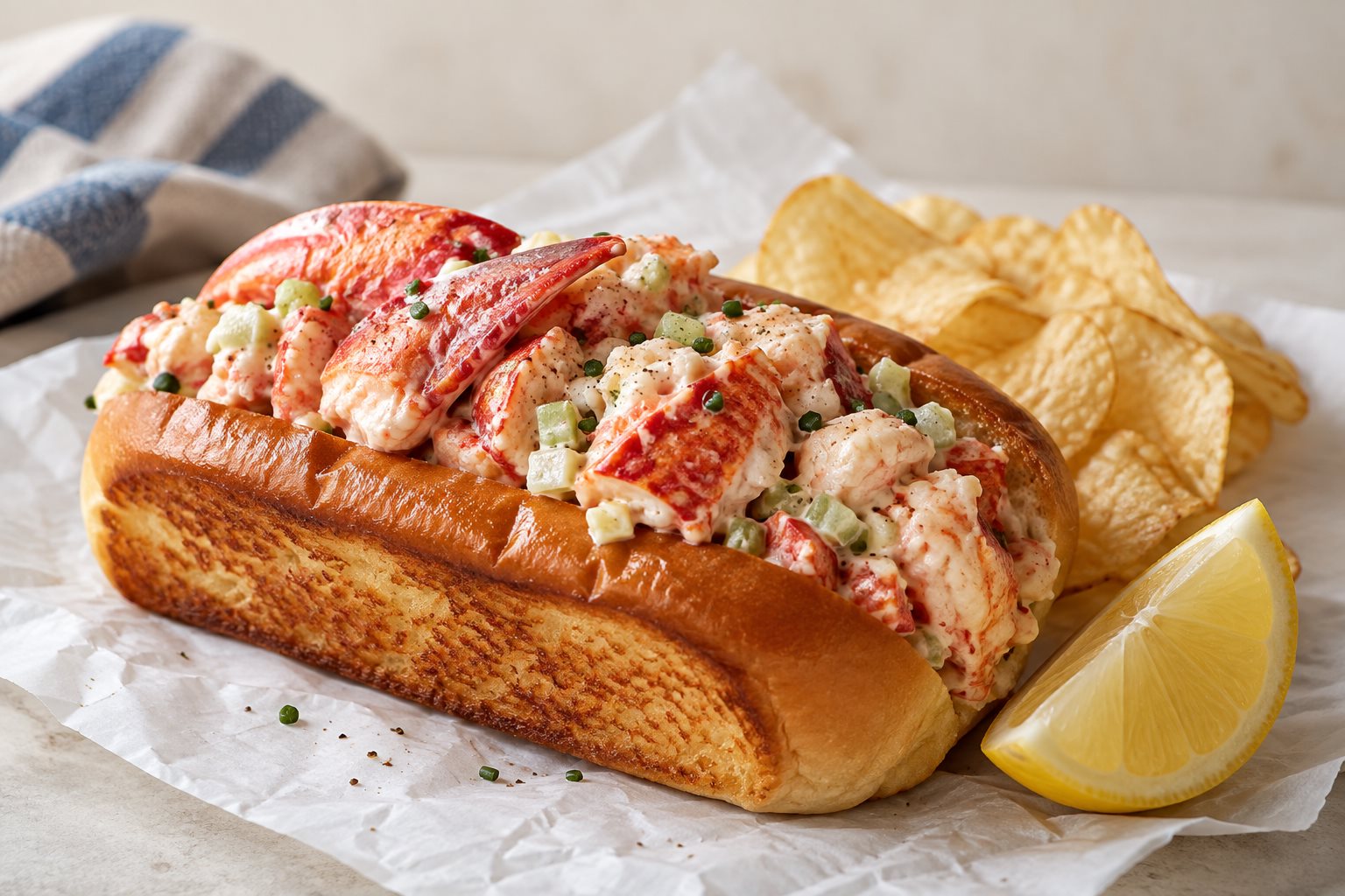 A griddled split-top roll heaped with cold claw and knuckle lobster meat flecked with chives, a lemon wedge and potato chips beside it on white paper