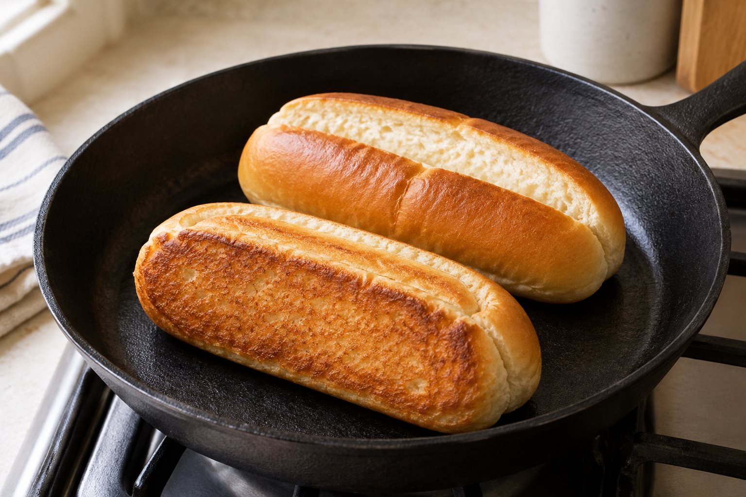 Split-top rolls griddling on their buttered flat sides in a black skillet