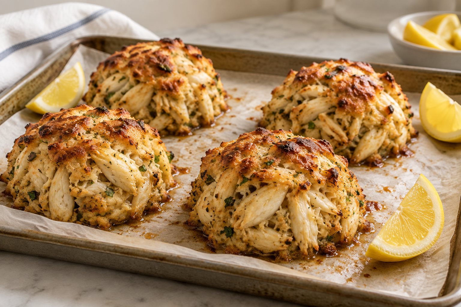 Four broiled crab cakes on a sheet pan, the lumps of white crab meat still visible under browned butter, with lemon wedges alongside
