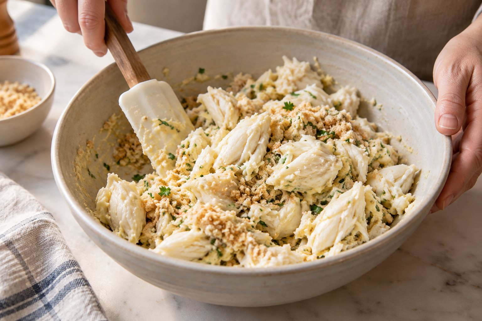 A spatula gently folding intact jumbo crab lumps into a light binder with cracker crumbs
