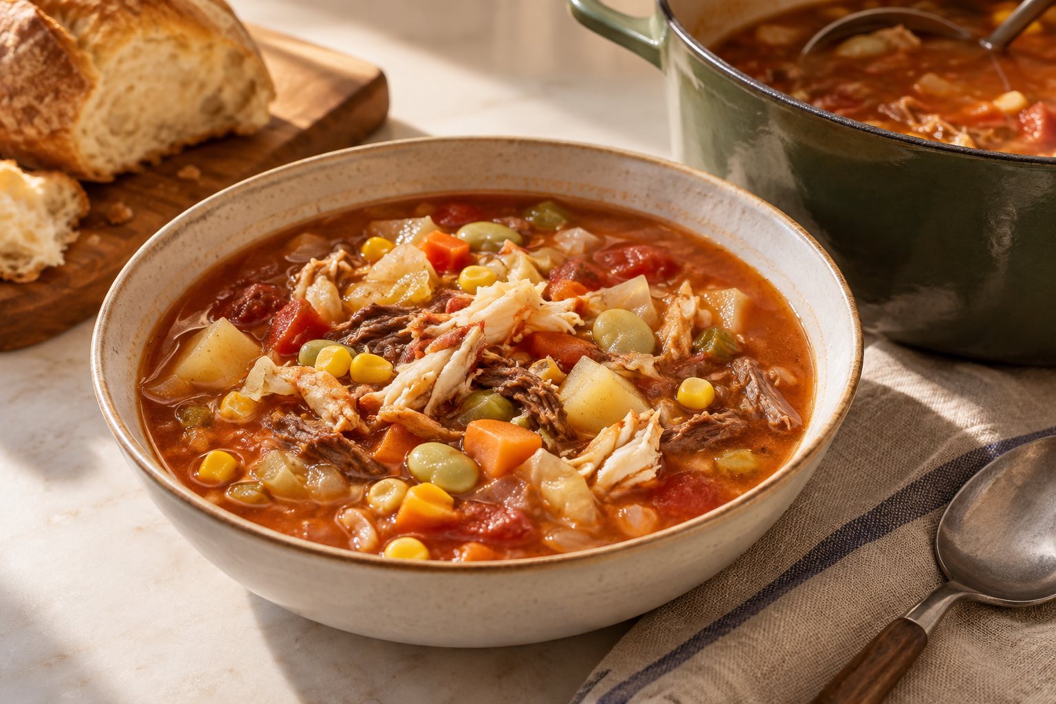 A bowl of thin red tomato crab soup with picked crab meat, corn, lima beans, cabbage, diced potato and shredded beef