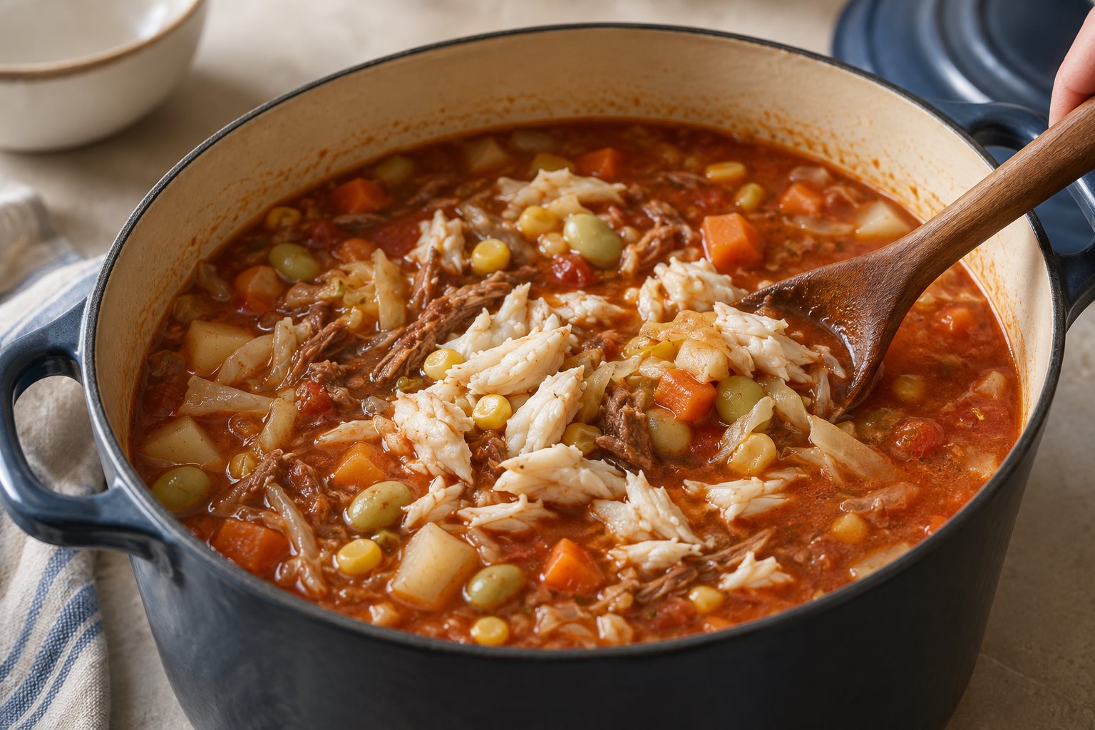 Picked crab meat folded into red vegetable soup off the heat