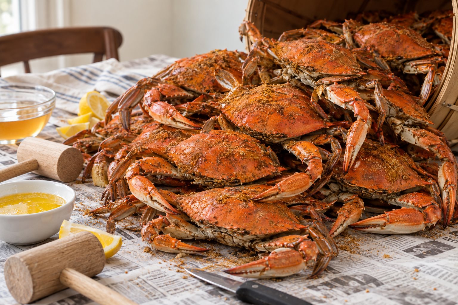 A heap of bright orange steamed blue crabs tipped out onto a newspaper-covered table with wooden mallets and a paring knife beside them