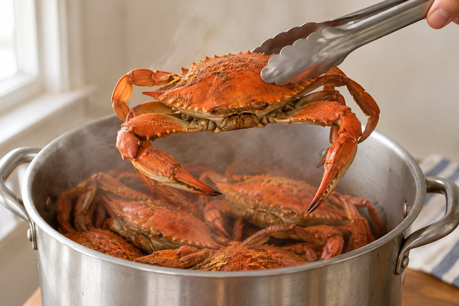 Tongs lifting an orange-red steamed blue crab above the pot
