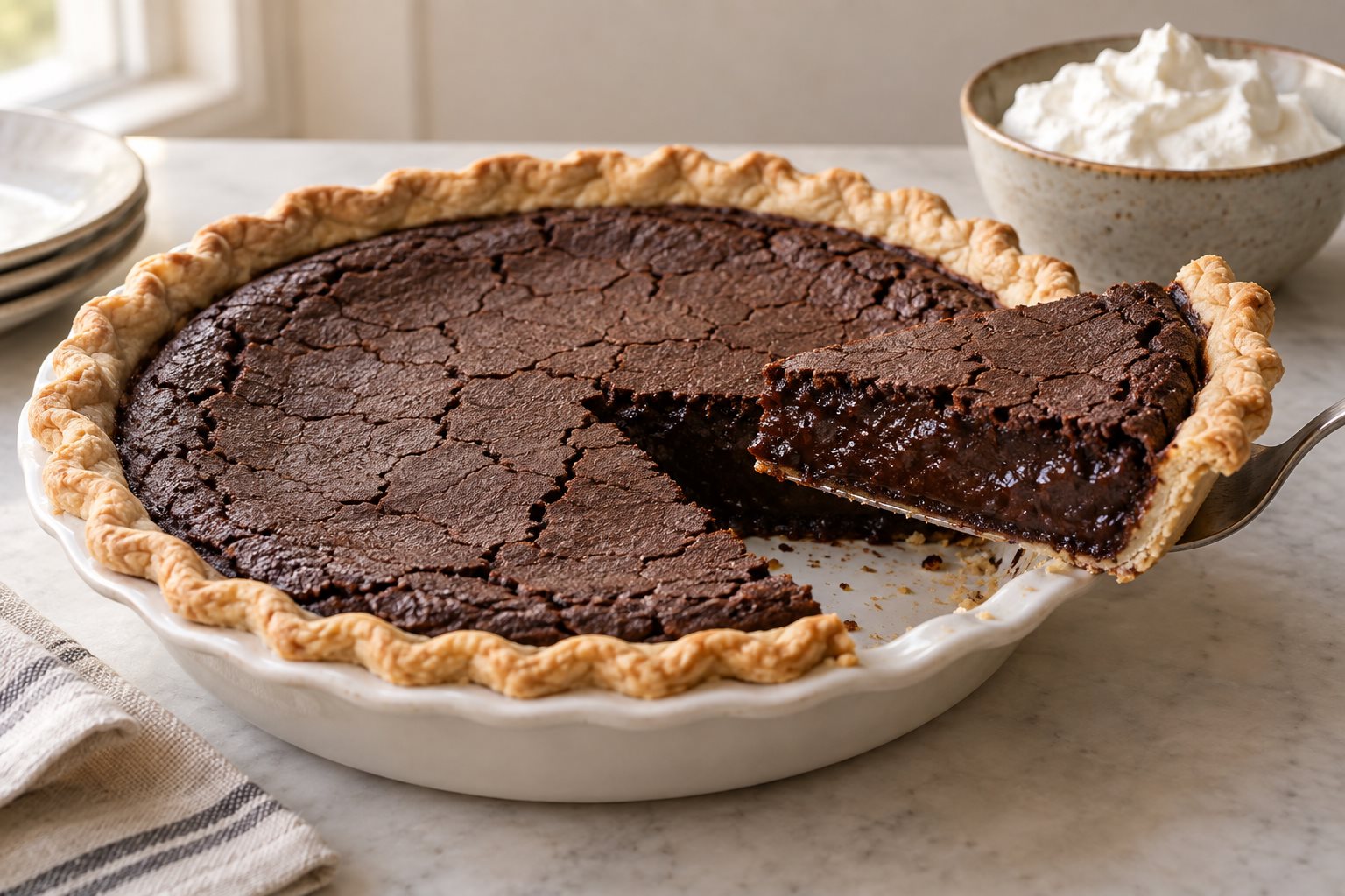 A dark chocolate pie in a pastry shell, its matte top crazed with fine cracks, one wedge lifted out to show a soft glossy interior