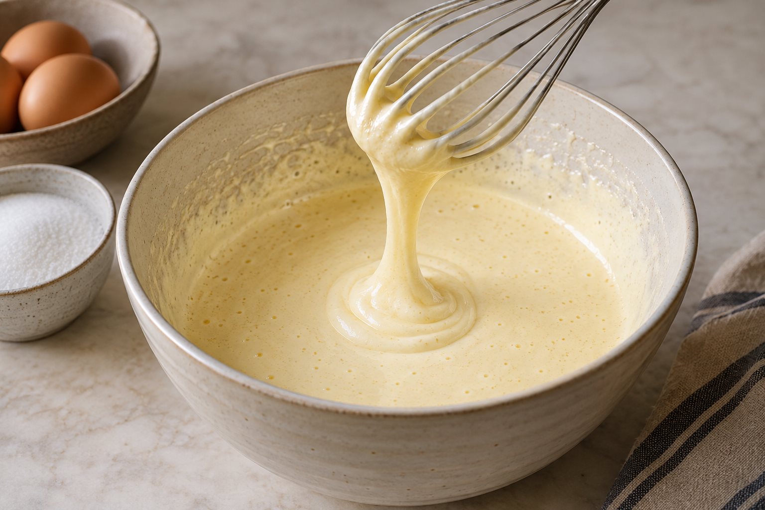 Pale beaten eggs and sugar falling from a whisk in a thick ribbon