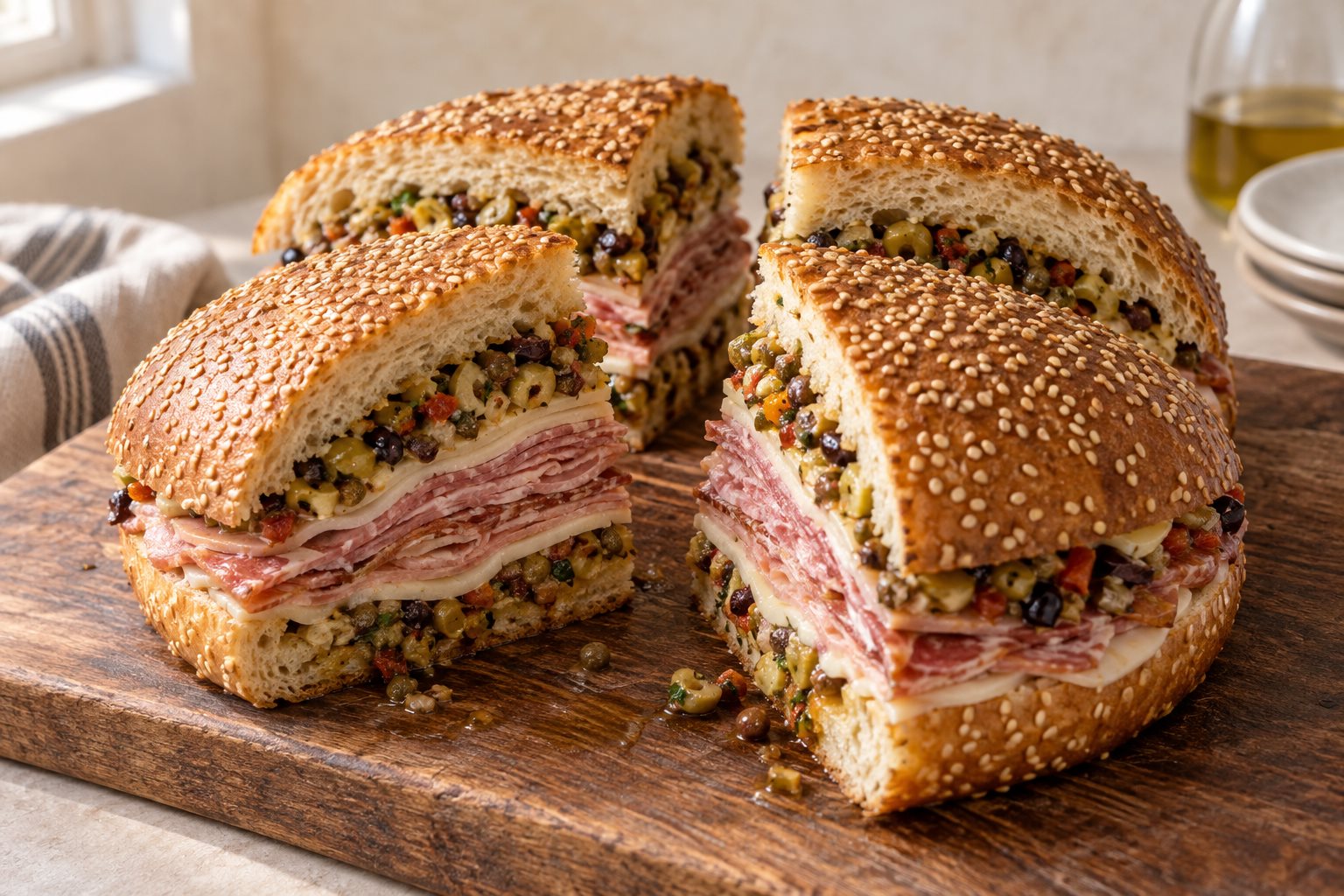 A round sesame-seeded loaf cut into four quarters on a board, each quarter showing layers of provolone, salami, mortadella and capicola under a thick line of chopped olive salad