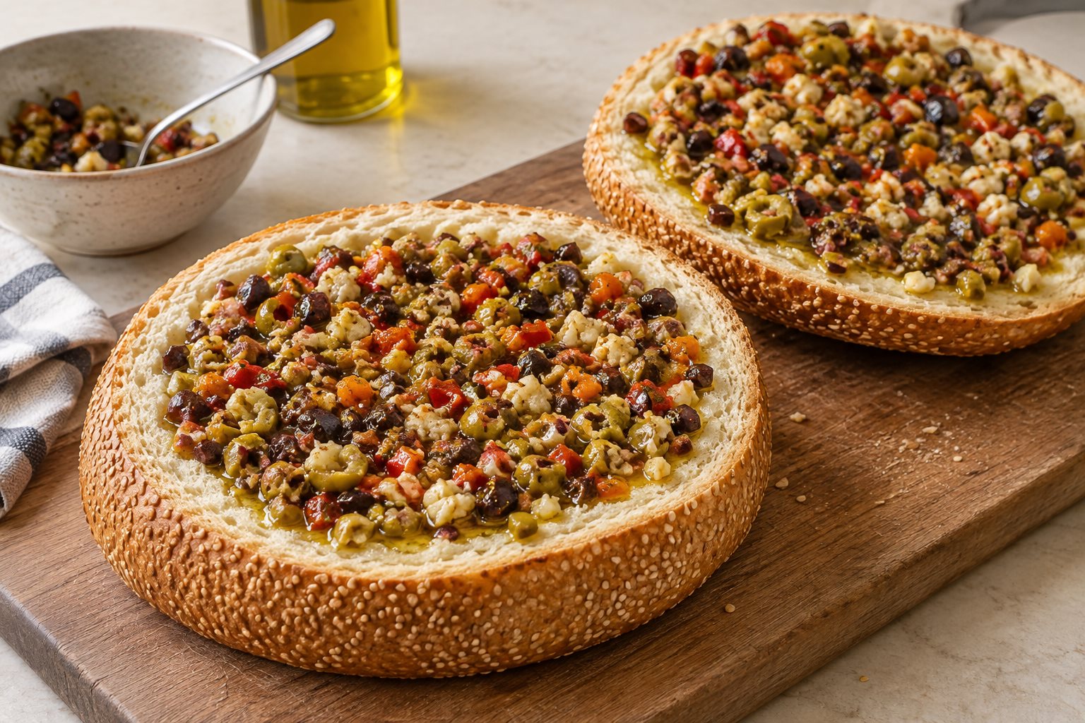 Olive salad spread over both cut faces of a round sesame loaf