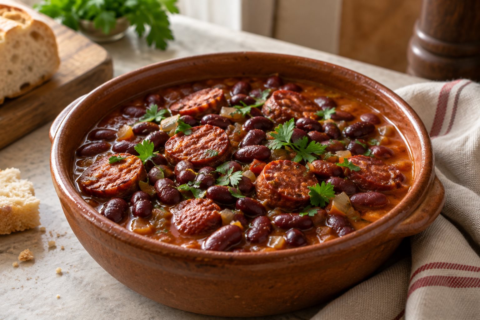 A wide earthenware bowl of dark red beans in a glossy brick-coloured broth with coins of chorizo and a scattering of parsley
