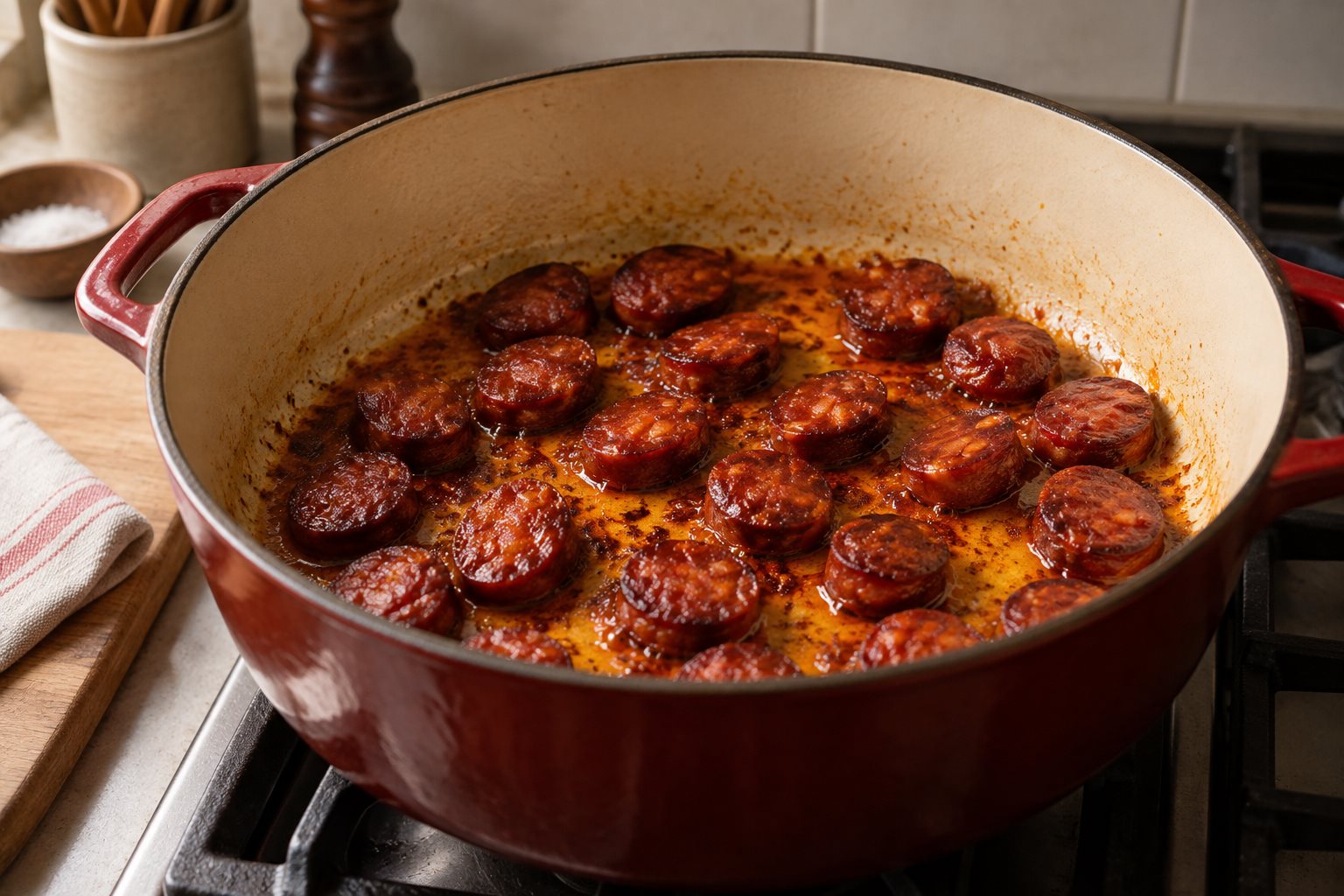 Chorizo coins rendering orange fat in a heavy pot