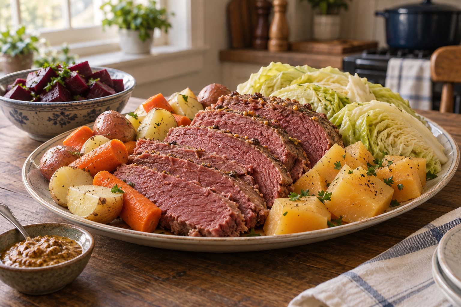 A platter of sliced corned beef surrounded by potatoes, carrots, turnip chunks and cabbage wedges, with a separate bowl of dark red beets beside it