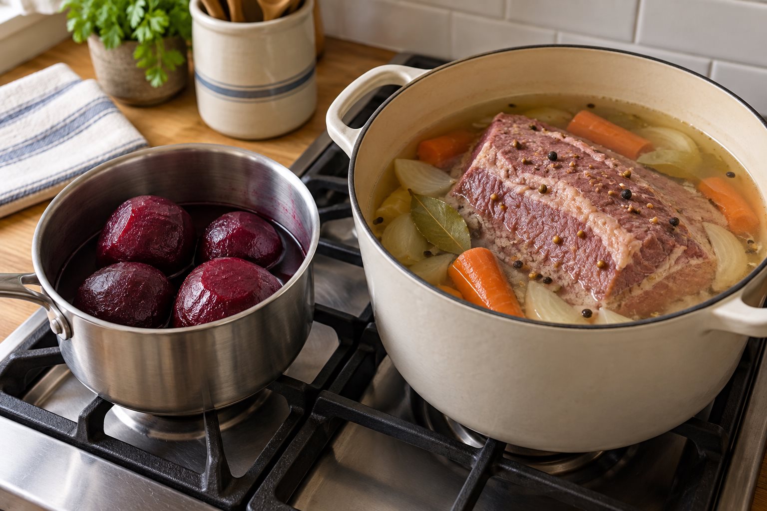 Beets cooking in a separate saucepan beside the corned beef pot