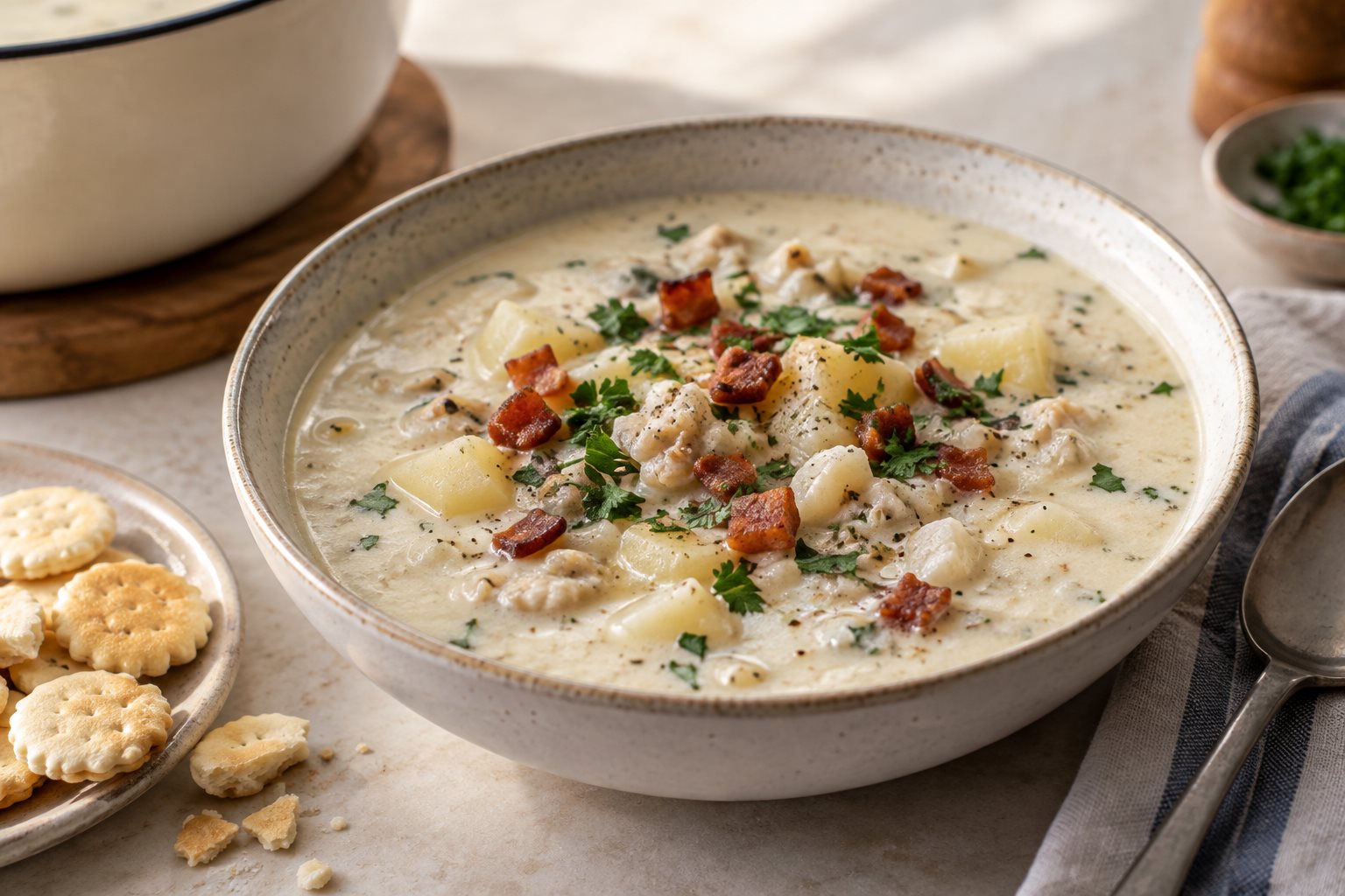 A wide bowl of pale clam chowder with cubes of potato and chopped clam showing through, crisp salt pork scraps and parsley scattered on top, split crackers beside the bowl