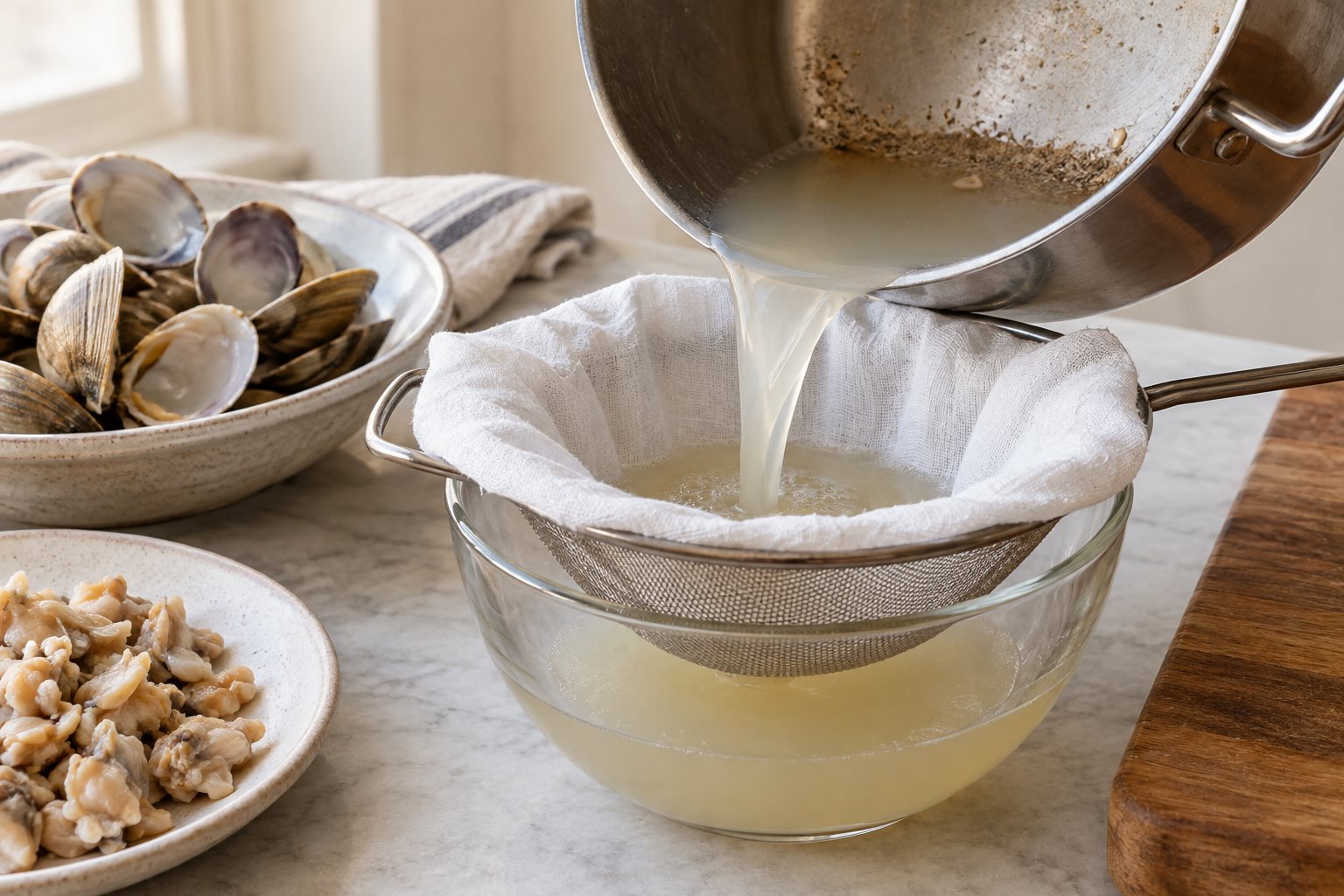 Clam liquor poured through a cloth-lined sieve with sediment left in the pot