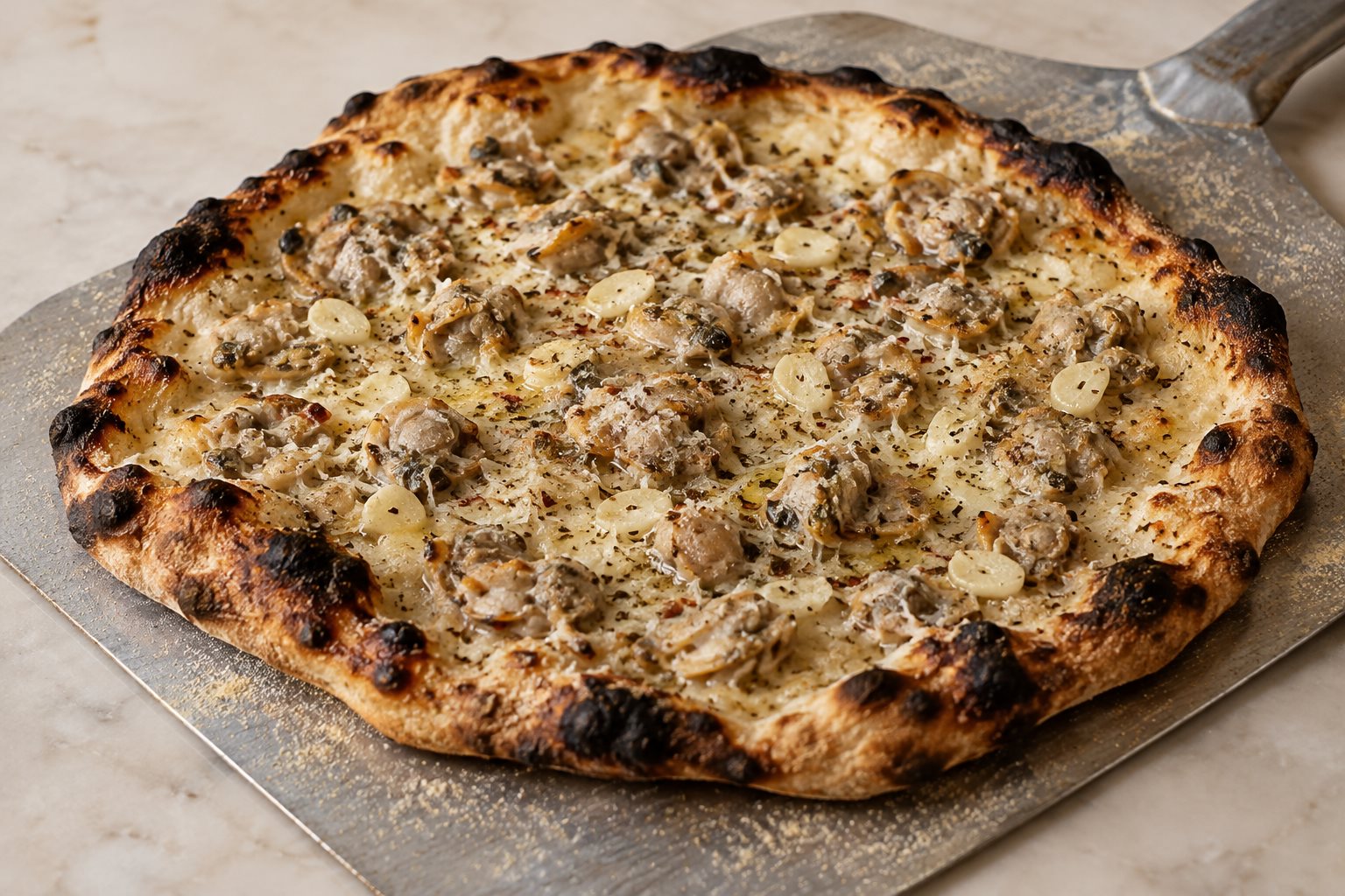 A charred, irregular oval pizza on a metal peel, scattered with shucked clam meat, sliced garlic and oregano, with no tomato sauce and dark blistered edges