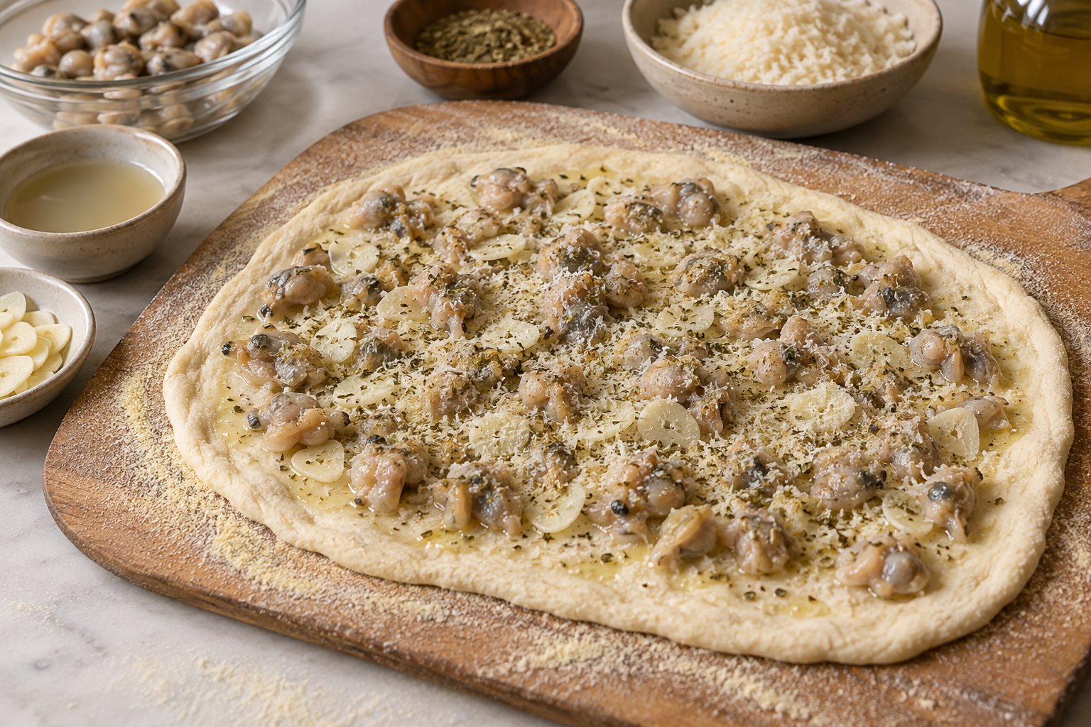 Raw shucked clam meat, thin garlic slices, oregano and grated pecorino spread over an unbaked oval pizza.