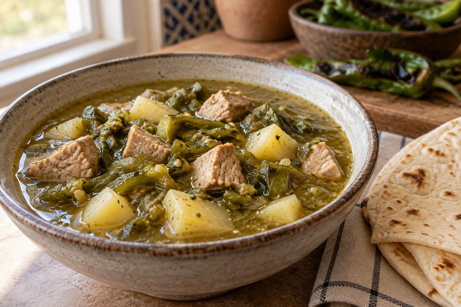 A bowl of green chile stew with cubes of pork, diced potato and chopped green chile in a thin broth, a warm flour tortilla beside it