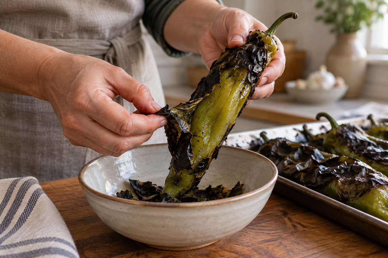 Blistered skin peeled from a roasted green chile