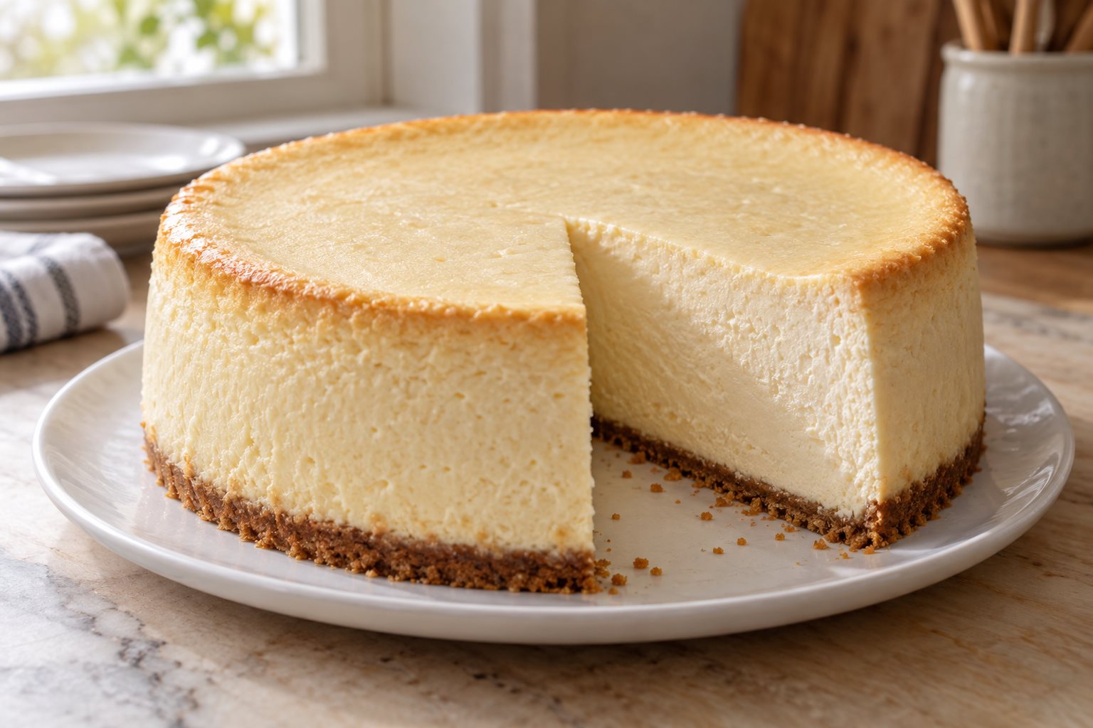 A tall pale cheesecake on a white plate with one wedge cut out, the cut face smooth and dense right to the centre, a thin graham crust underneath