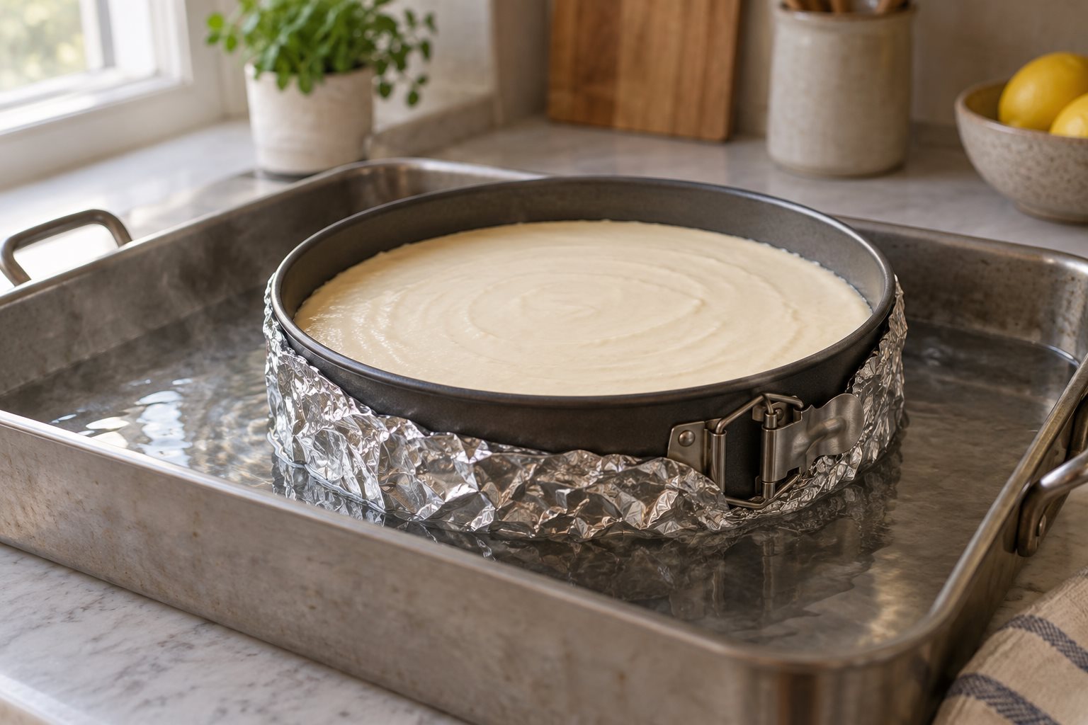 Foil-wrapped cheesecake tin standing in a roasting pan water bath