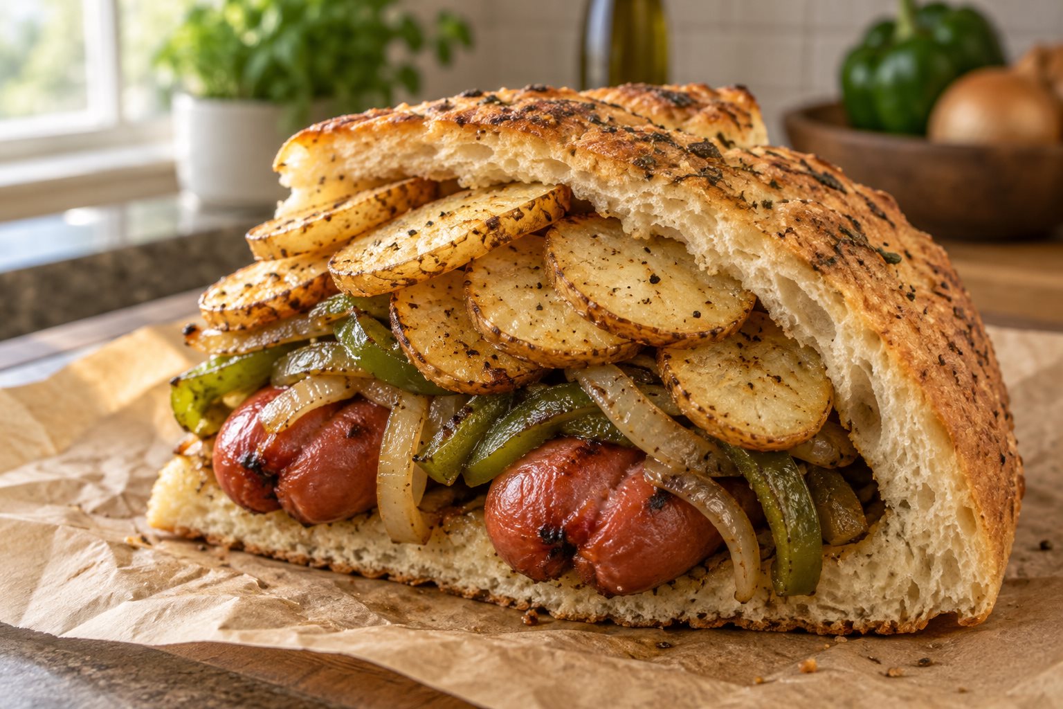 A wedge of round bread split into a deep pocket, stuffed with two split fried hot dogs, browned potato rounds and strips of green pepper and onion