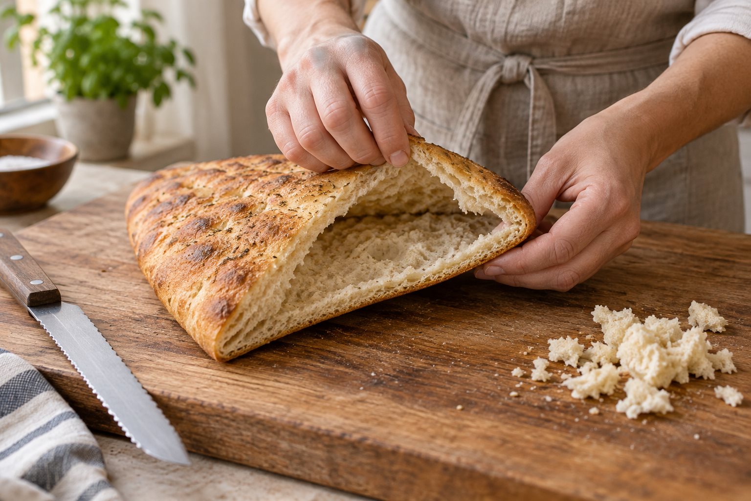 Deep pocket opened in a quarter wedge of round Italian bread