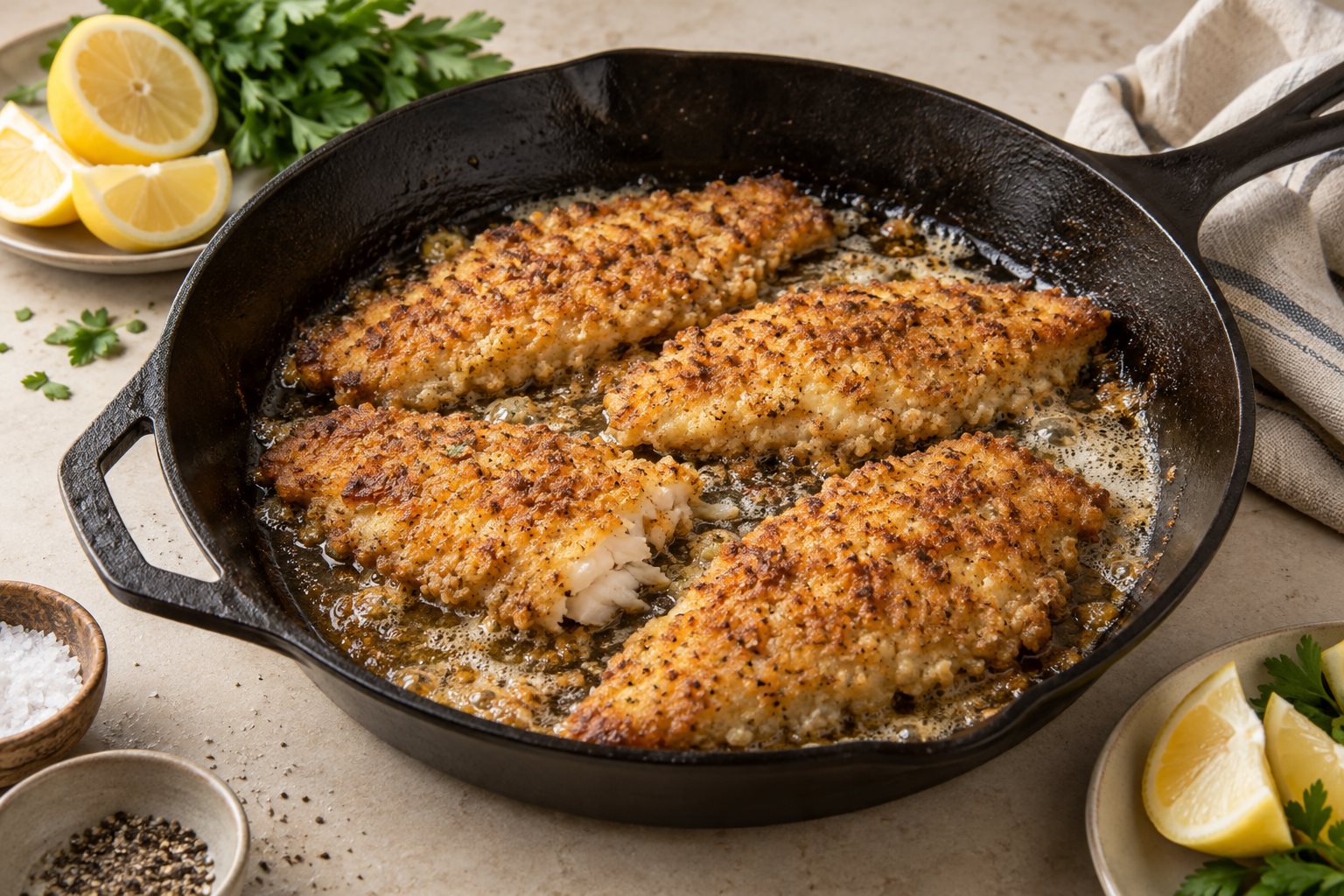 Four golden-crusted walleye fillets in a cast iron skillet with foaming butter, lemon halves and parsley alongside