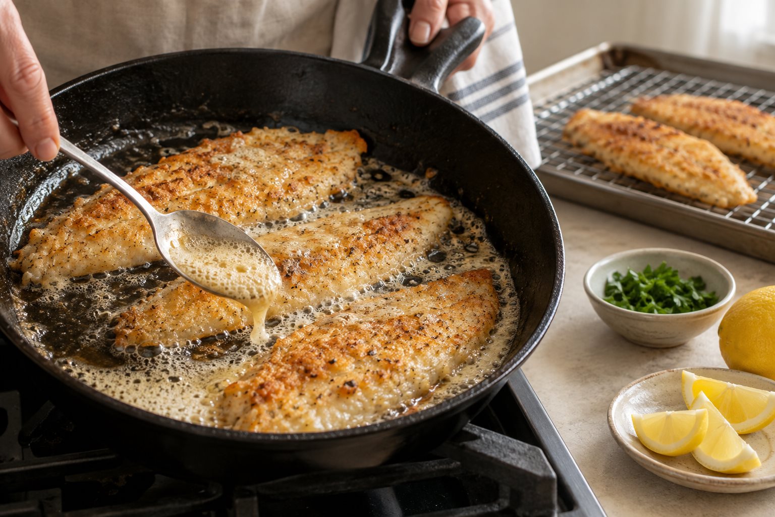 A spoon basting golden cracker-coated fish with foaming butter