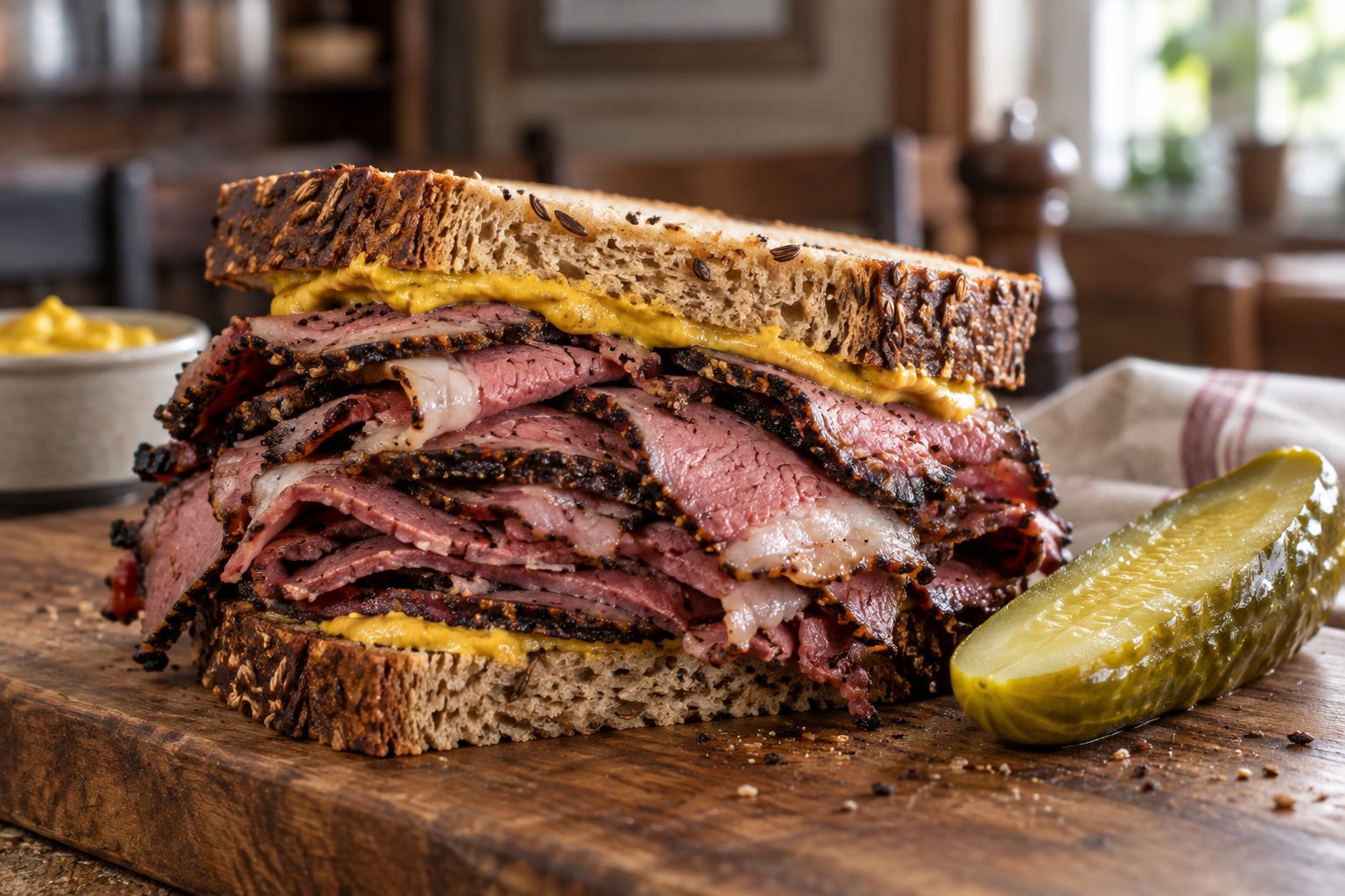 Thick hand-cut slices of peppered pastrami, pink through with a dark crust and a soft fat line, piled on seeded rye with yellow mustard and a dill pickle